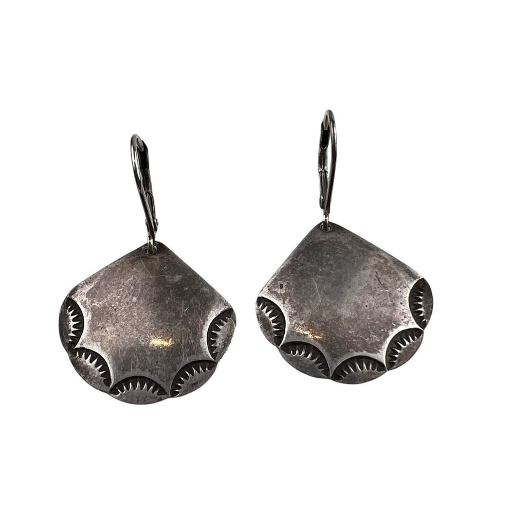 Vintage Fan Southwest Style Lever Back Sterling Silver Pierced Earrings